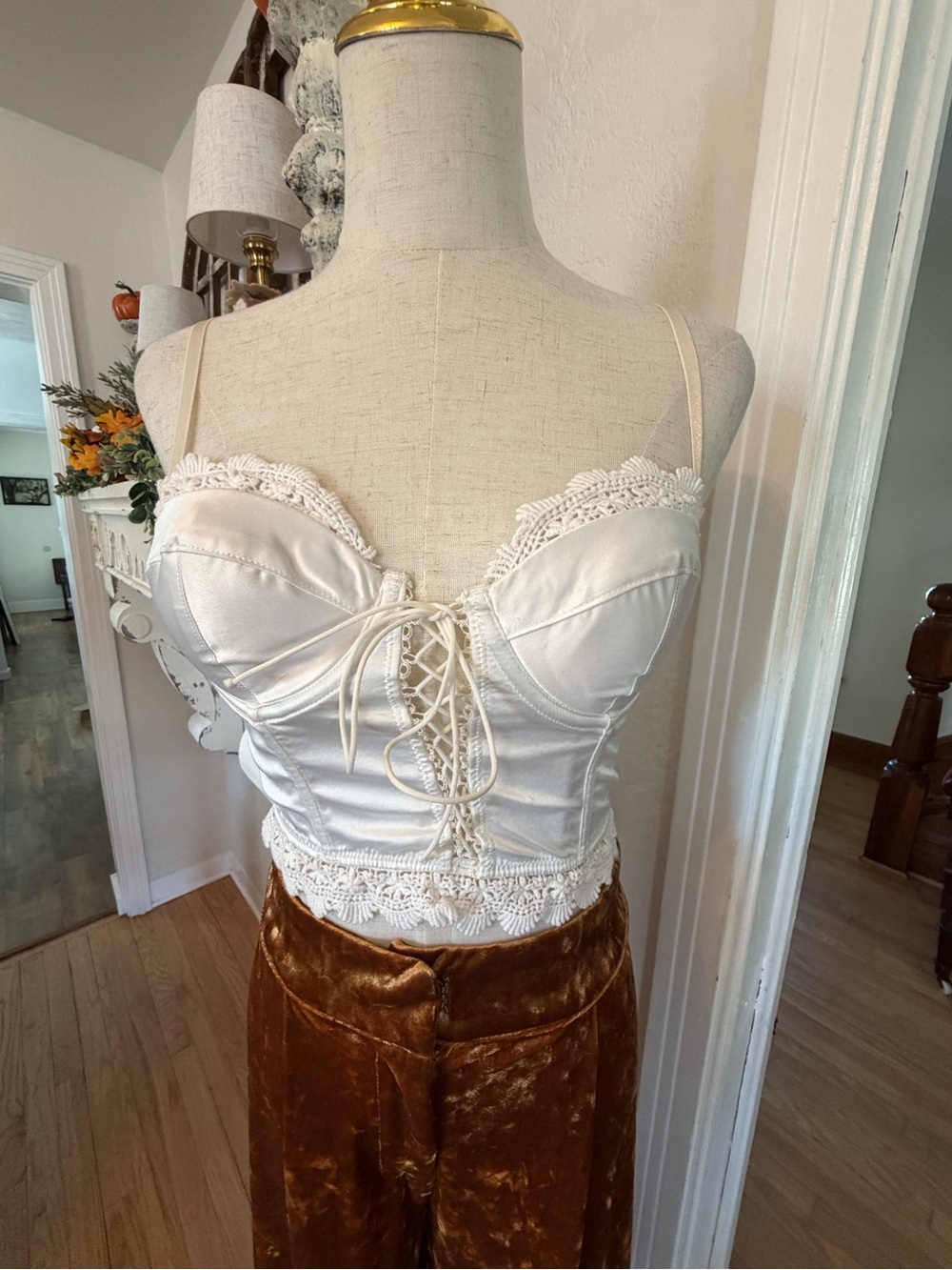 Lace-Trim Satin Bustier Corset Crop Top